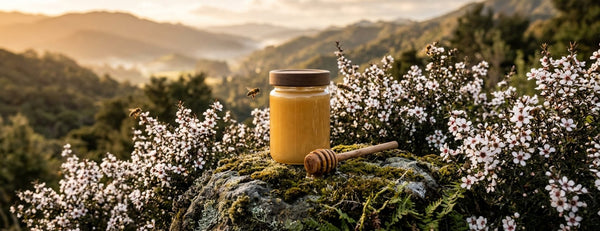 Un pot de miel de Manuka doré et une cuillère à miel en bois sur un rocher moussu, parmi des arbustes de Manuka en fleurs dans les collines de Nouvelle-Zélande